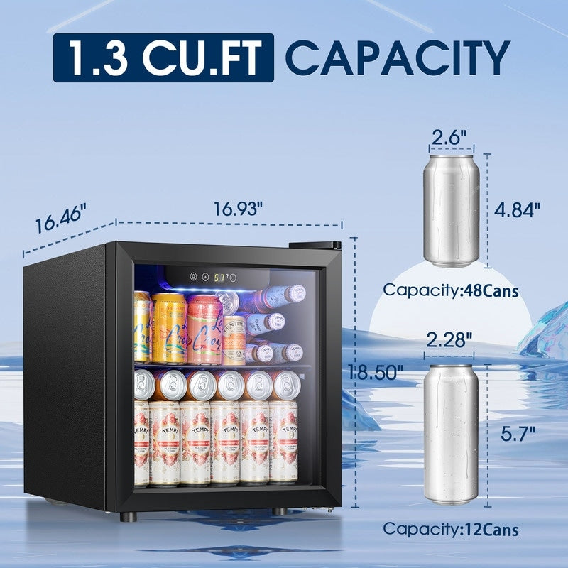 Réfrigérateur à boissons de 1,3 pi³ - Mini réfrigérateur à porte vitrée, capacité de 48 canettes ou 12 bouteilles, avec commandes électroniques tactiles.
