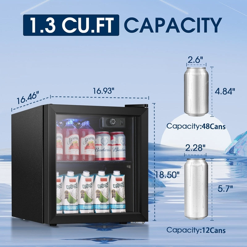 Réfrigérateur à boissons de 1,3 pi³ - 48 canettes, 12 bouteilles, mini réfrigérateur à porte vitrée, commande à bouton rotatif