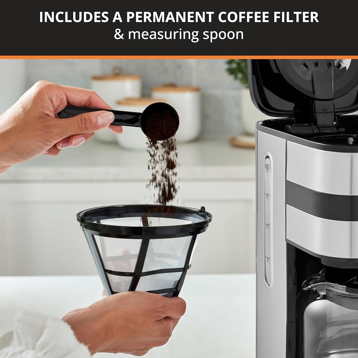 Cafetière numérique 10 tasses, acier inoxydable noir, programmation de la préparation, pause et service automatiques