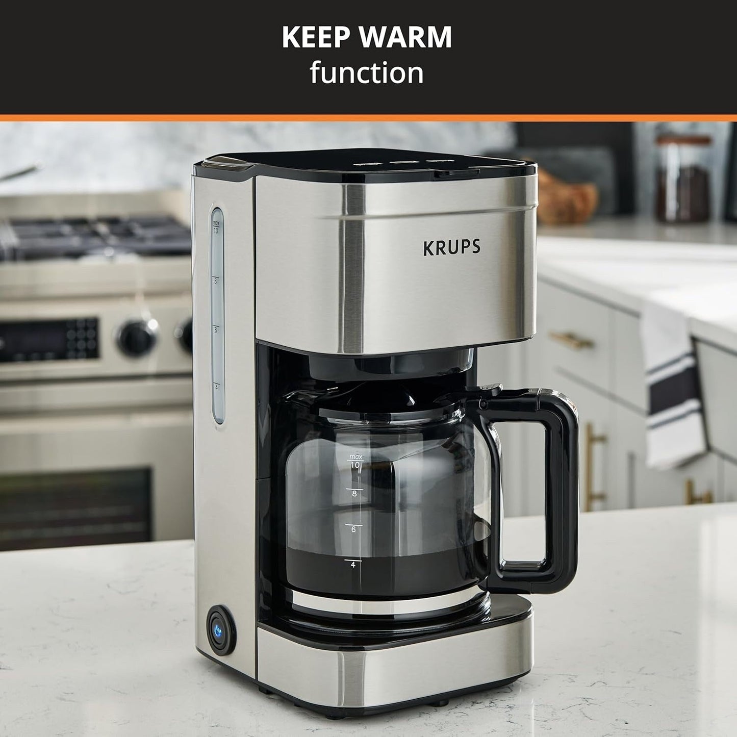 Cafetière à filtre 10 tasses, écran numérique, finition en acier inoxydable, minuterie programmable, arrêt automatique.