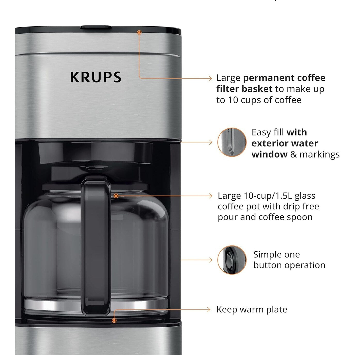 Cafetière à filtre 10 tasses, écran numérique, finition en acier inoxydable, minuterie programmable, arrêt automatique.