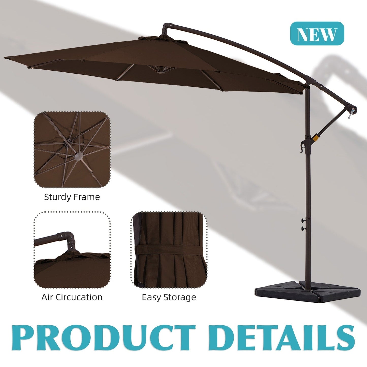 Parasol cantilever en acier de 3 mètres avec levier de manivelle et base lestée