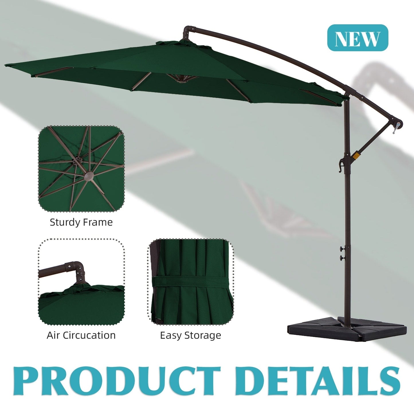 Parasol cantilever en acier de 3 mètres avec levier de manivelle et base lestée