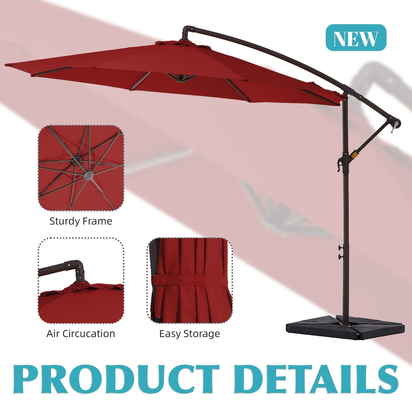 Parasol cantilever en acier de 3 mètres avec levier de manivelle et base lestée