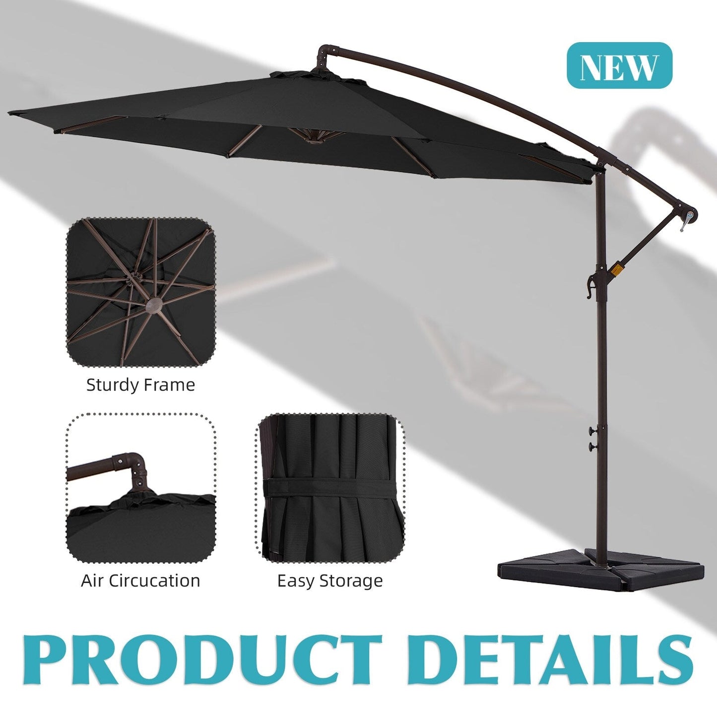 Parasol cantilever en acier de 3 mètres avec levier de manivelle et base lestée