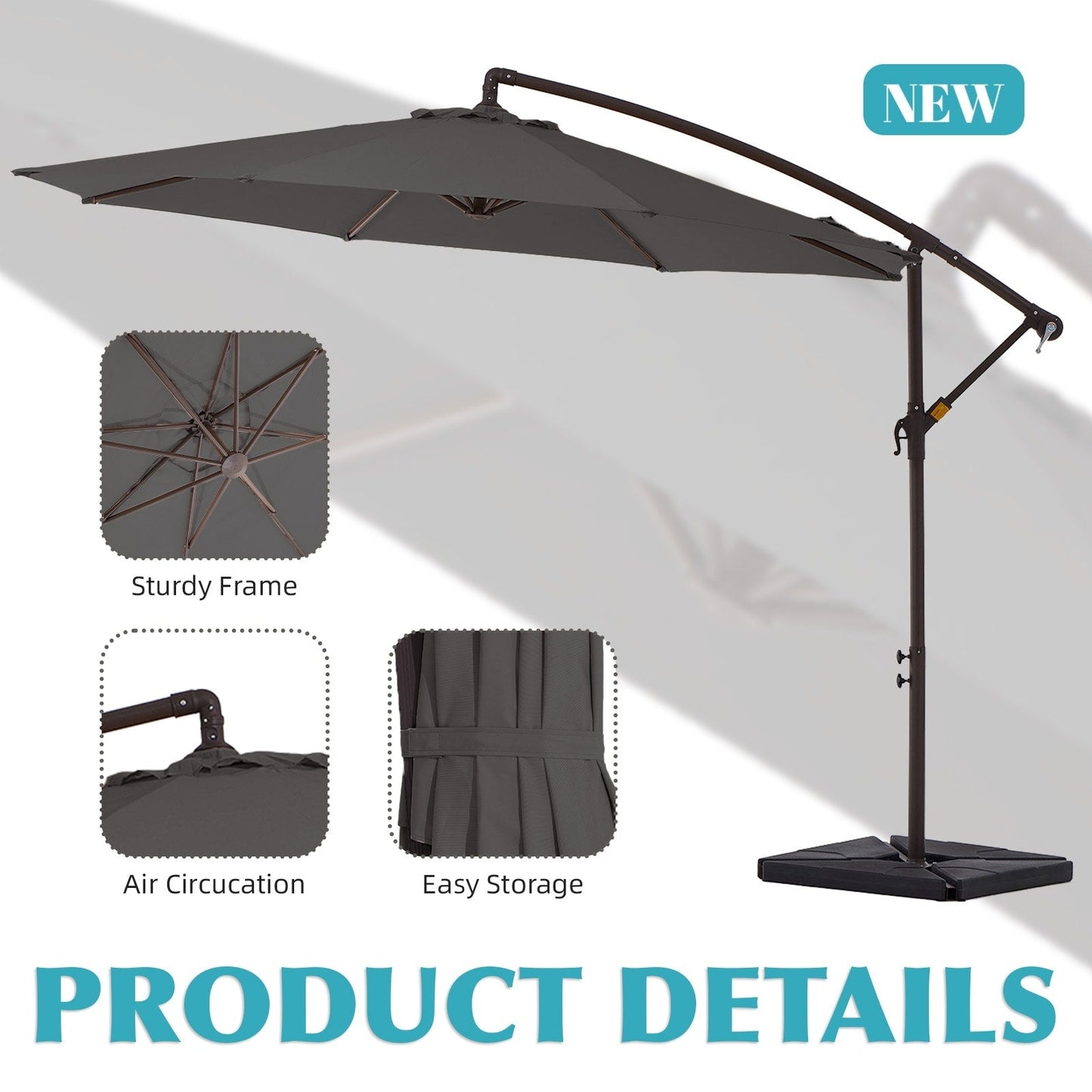Parasol cantilever en acier de 3 mètres avec levier de manivelle et base lestée