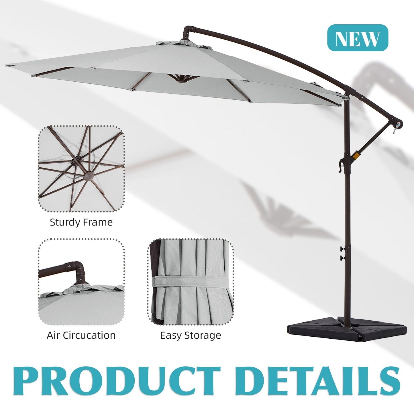 Parasol cantilever en acier de 3 mètres avec levier de manivelle et base lestée