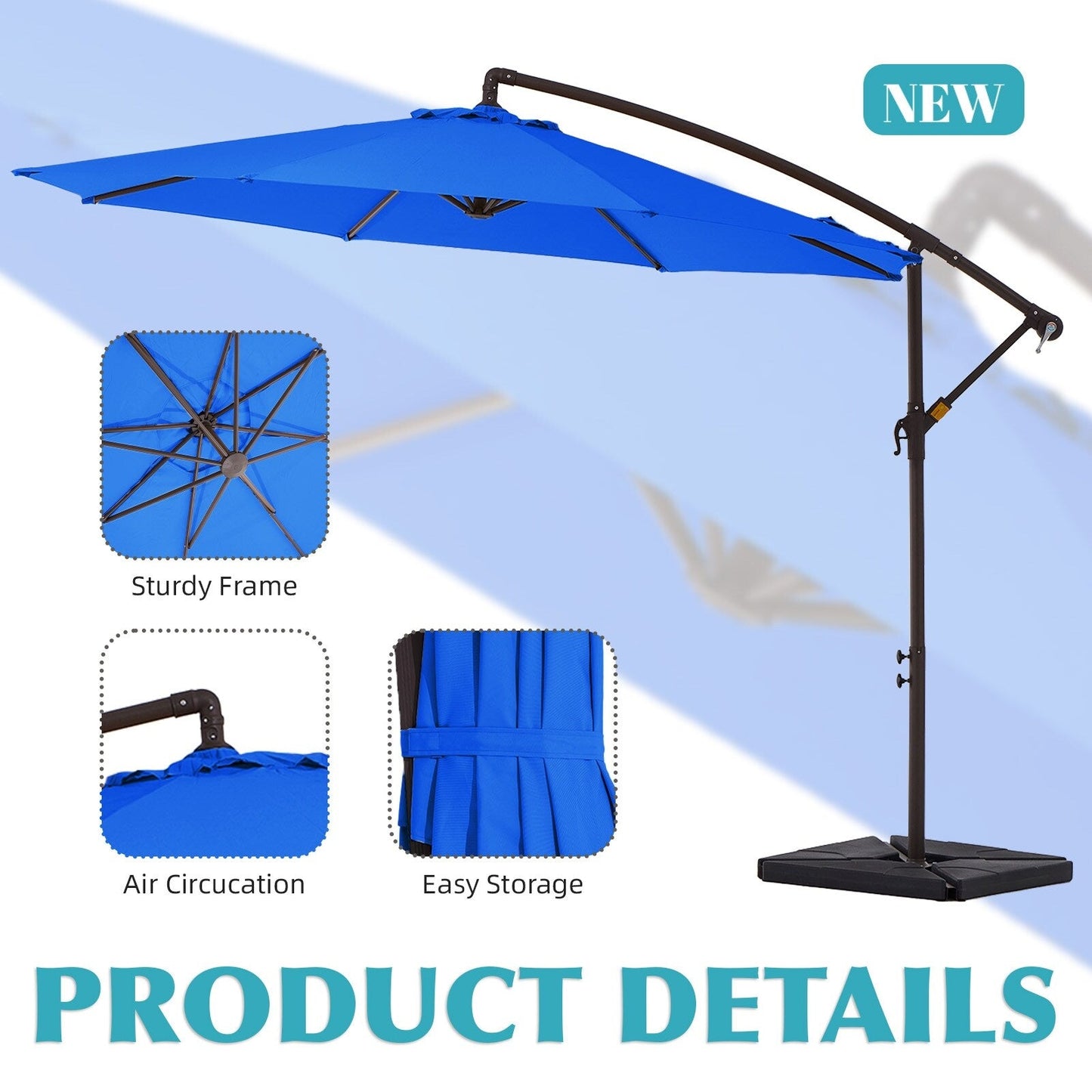 Parasol cantilever en acier de 3 mètres avec levier de manivelle et base lestée