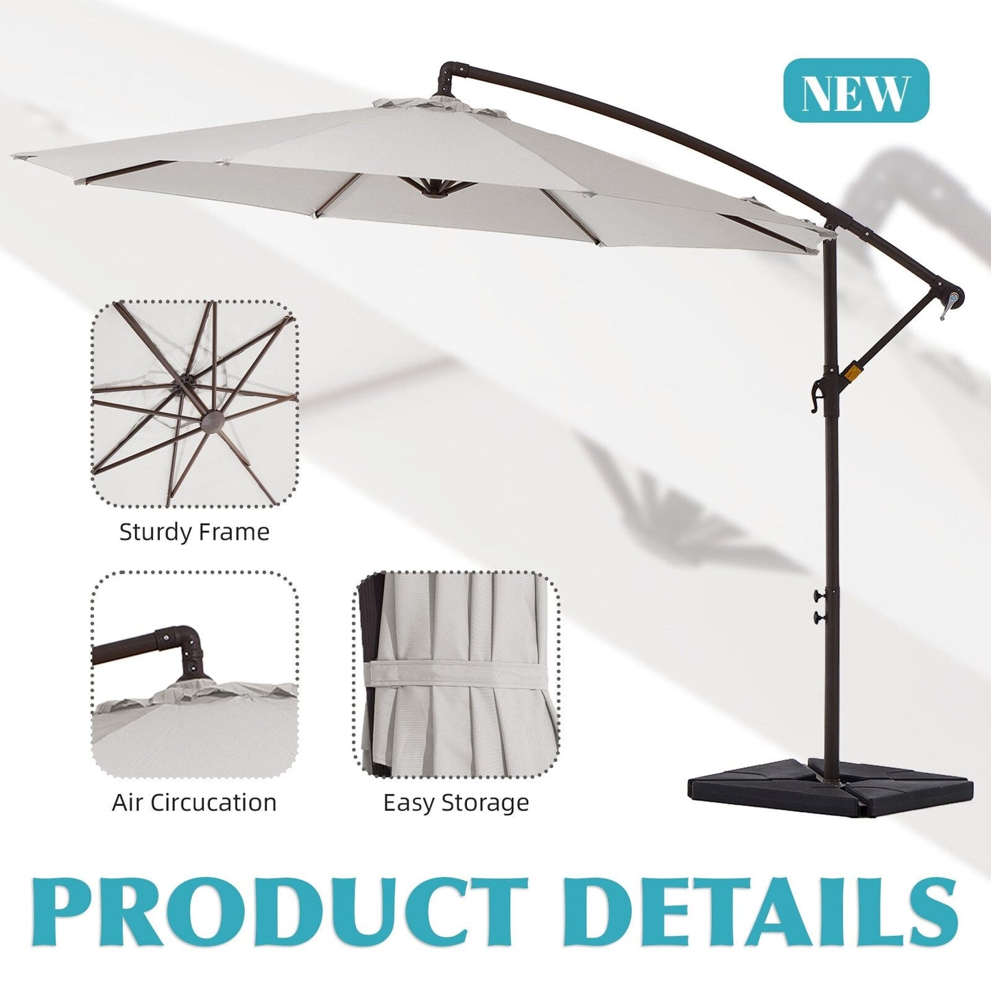 Parasol cantilever en acier de 3 mètres avec levier de manivelle et base lestée