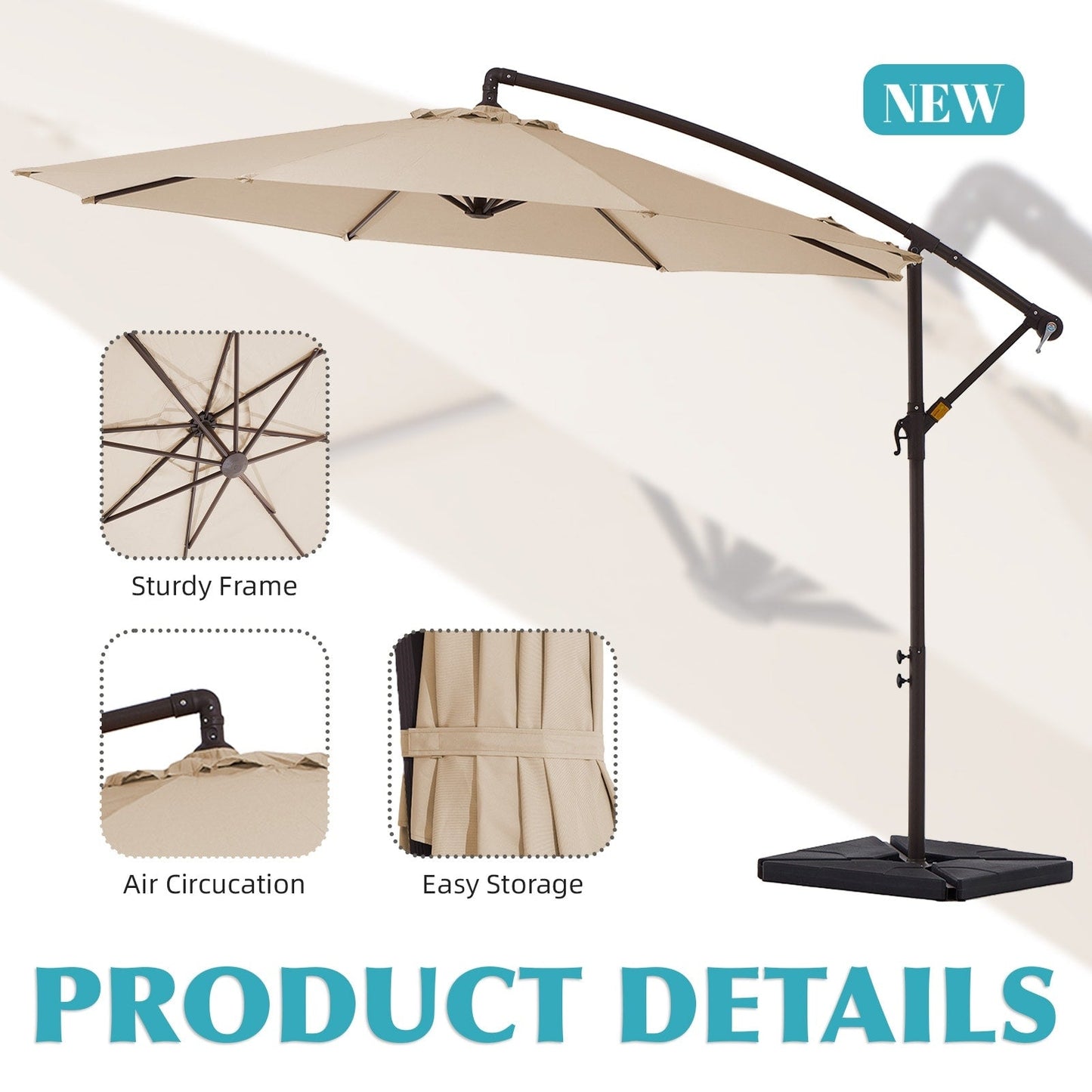 Parasol cantilever en acier de 3 mètres avec levier de manivelle et base lestée