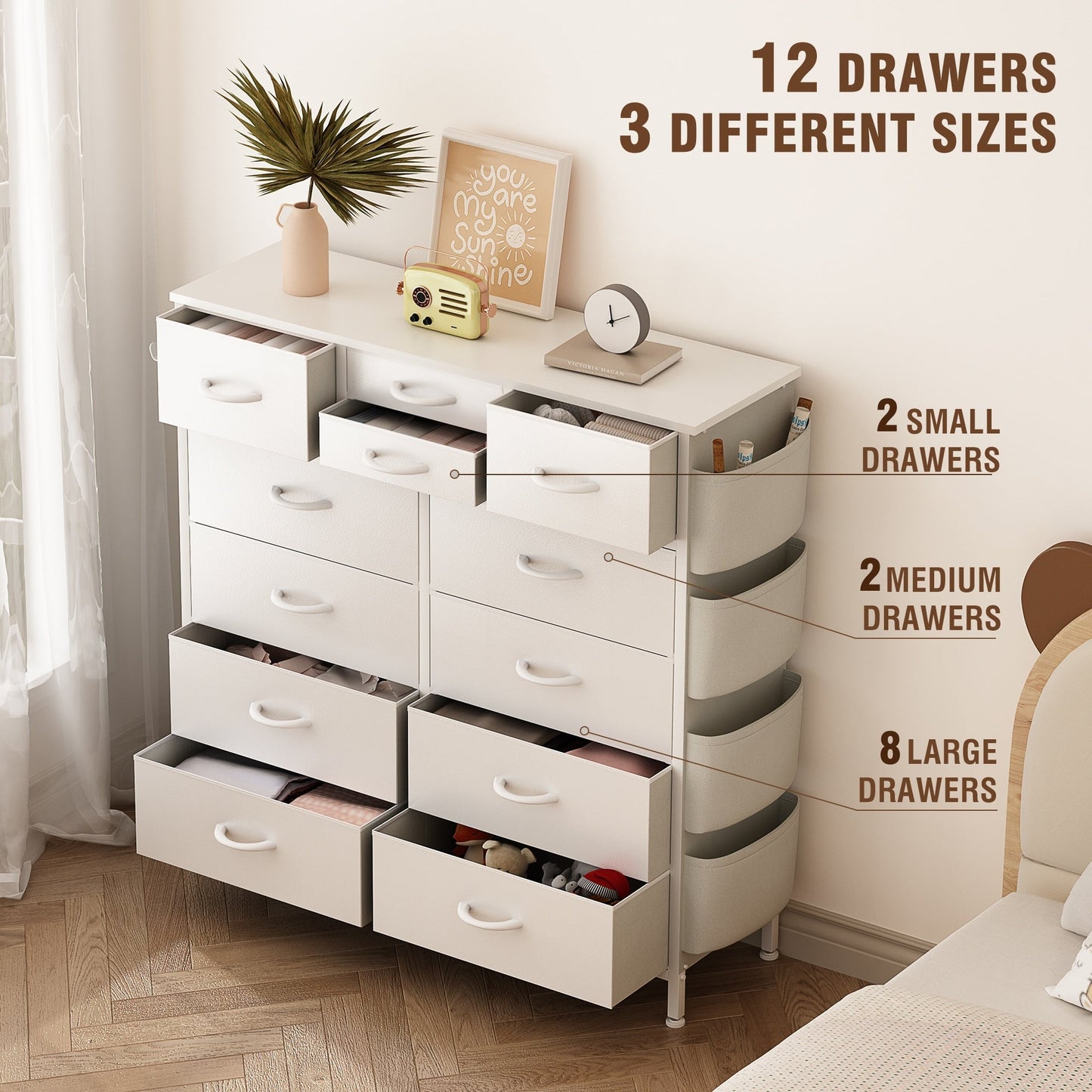 Commode 12 tiroirs, commode haute en tissu pour chambre à coucher, coffre à tiroirs