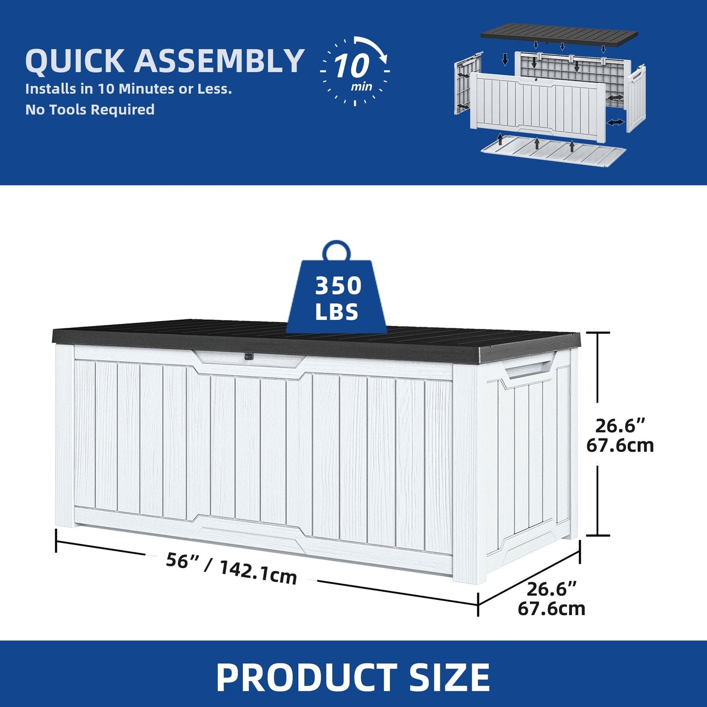Grand coffre de rangement en résine, résistant à l'eau, verrouillable, capacité de 120 à 260 gallons.