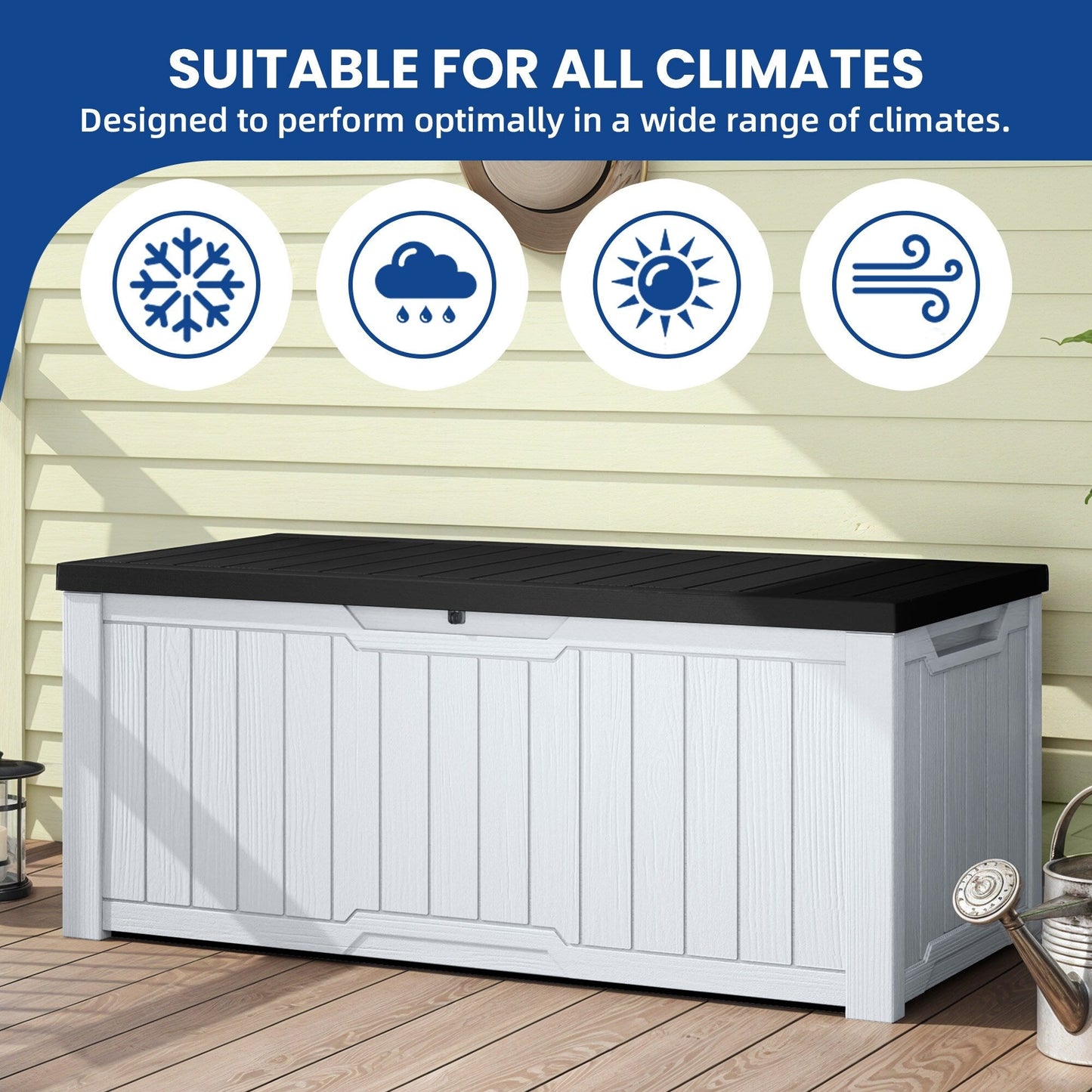 Grand coffre de rangement en résine, résistant à l'eau, verrouillable, capacité de 120 à 260 gallons.