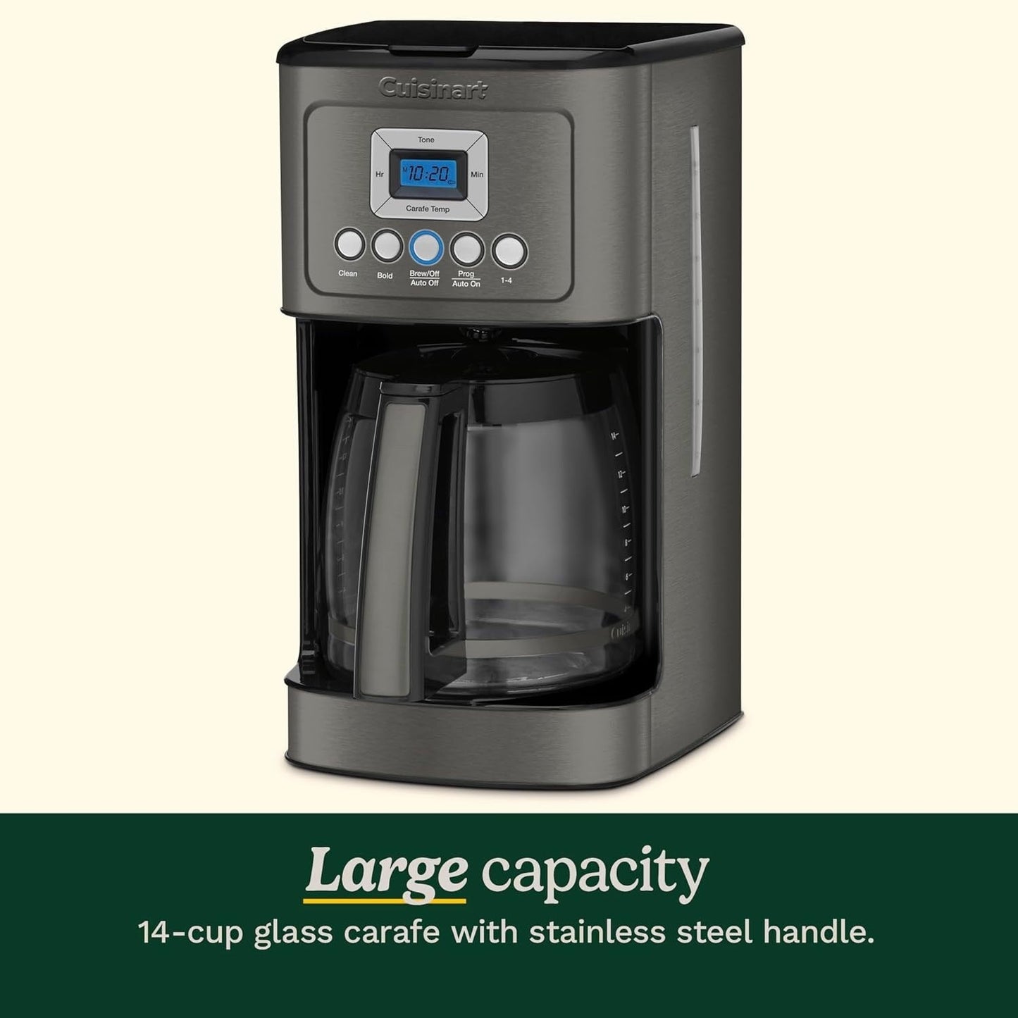 Cafetière programmable 14 tasses, carafe en verre, contrôle de la force du café, réglage 1-4 tasses, acier inoxydable noir