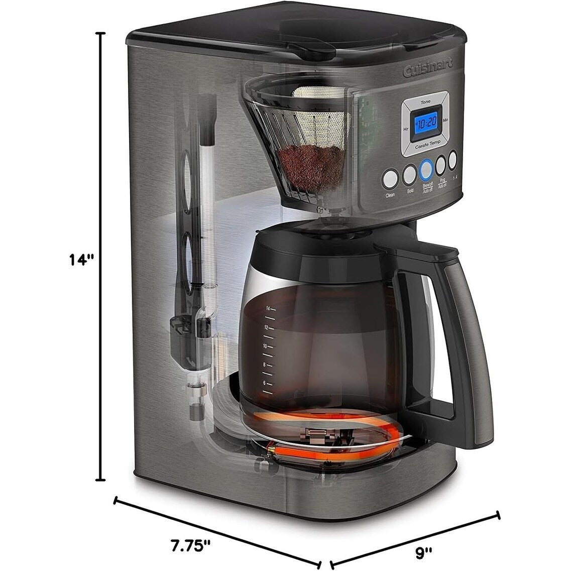 Cafetière programmable 14 tasses, carafe en verre, contrôle de la force du café, réglage 1-4 tasses, acier inoxydable noir