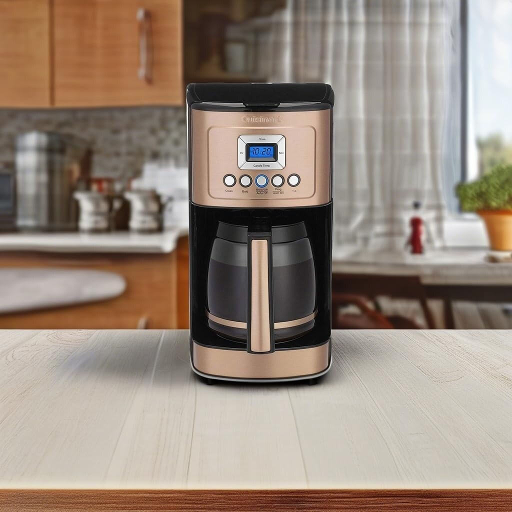 Machine à café programmable 14 tasses, carafe en verre, contrôle de la force du café, réglage 1 à 4 tasses, cuivre