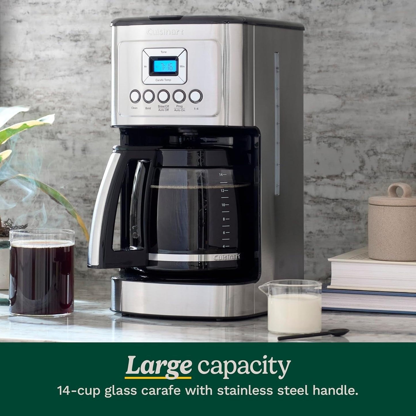 Cafetière programmable 14 tasses, carafe en verre, contrôle de la force du café, réglage 1 à 4 tasses, acier inoxydable