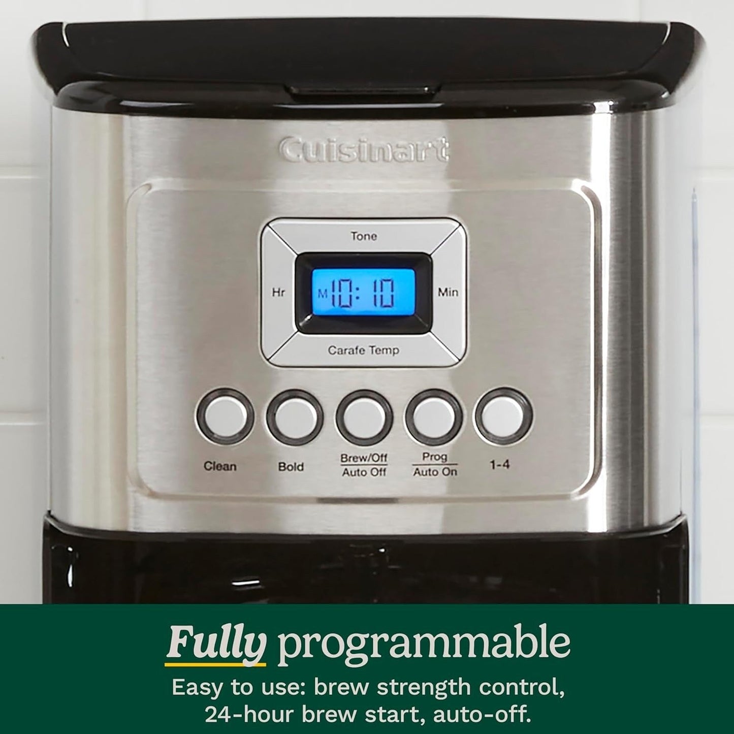 Cafetière programmable 14 tasses, carafe en verre, contrôle de la force du café, réglage 1 à 4 tasses, acier inoxydable