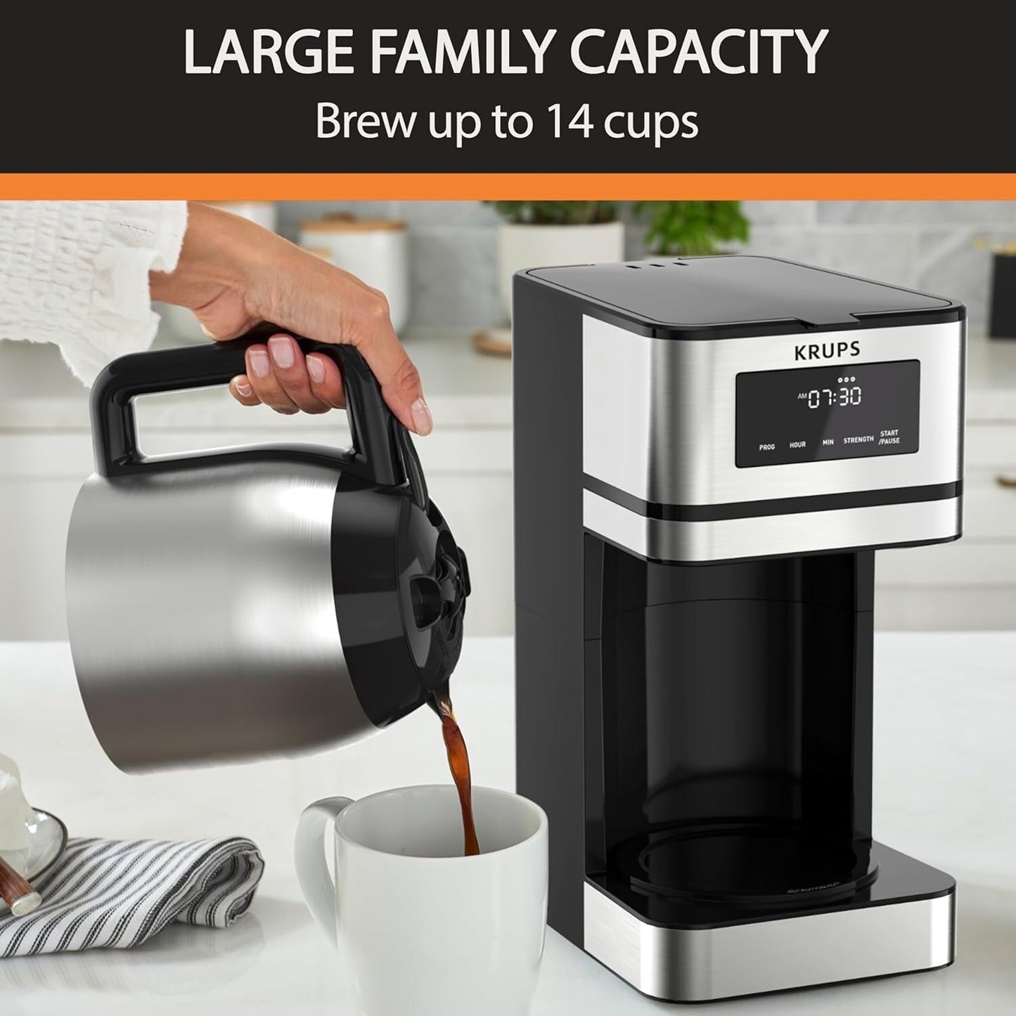 Cafetière programmable 14 tasses, carafe en acier inoxydable, 3 intensités de café, minuterie 24h, maintien au chaud 4h