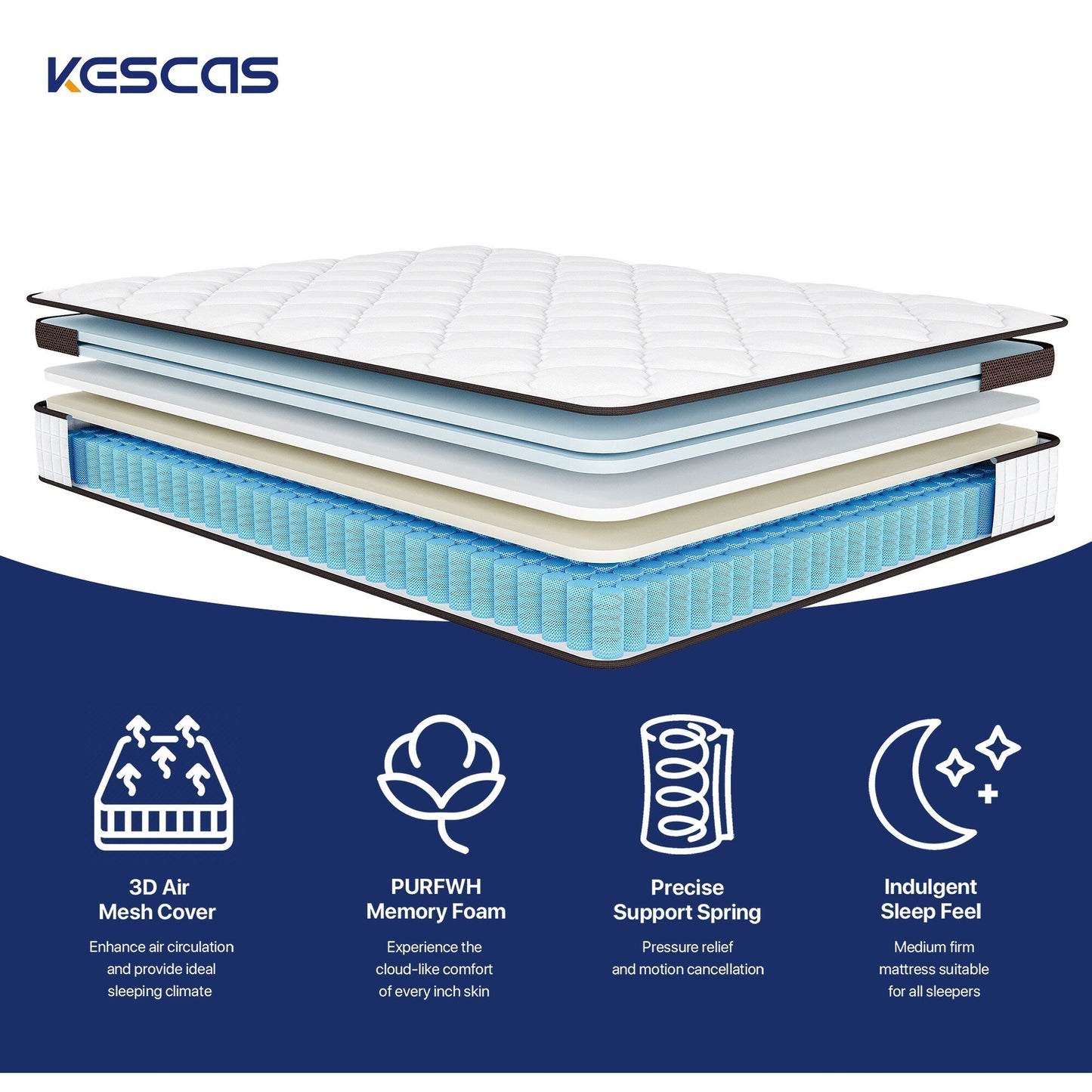 Matelas de 35 cm d'épaisseur, matelas hybride en mousse à mémoire de forme et ressorts ensachés, matelas de fermeté moyenne, tailles Queen et King disponibles en option.