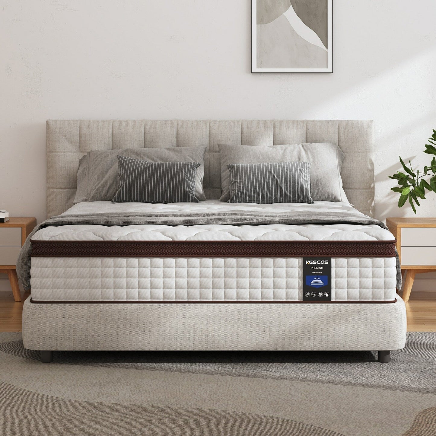 Matelas de 35 cm d'épaisseur, matelas hybride en mousse à mémoire de forme et ressorts ensachés, matelas de fermeté moyenne, tailles Queen et King disponibles en option.