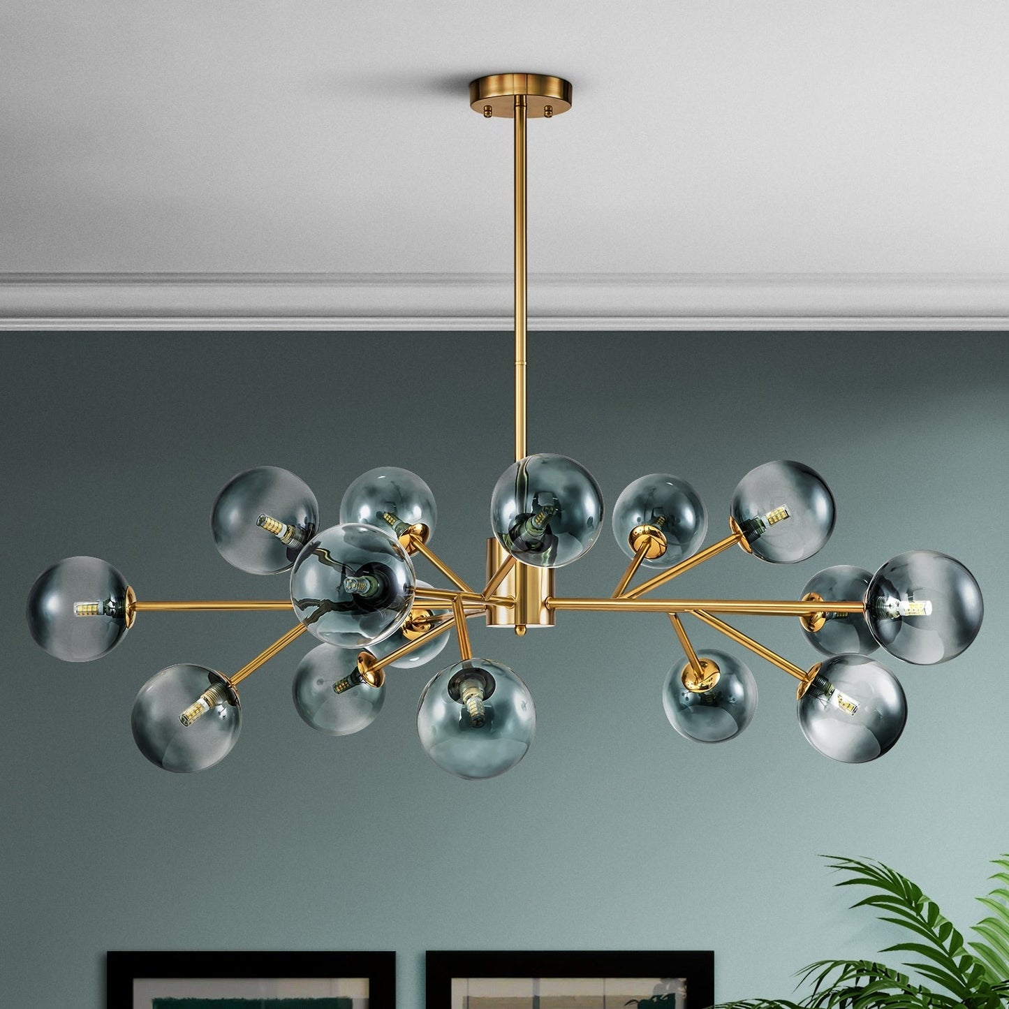 Luminaire à 15 lumières, style moderne, en forme de sputnik, pour îlot de cuisine, avec branches et globes de verre en forme de bulles.