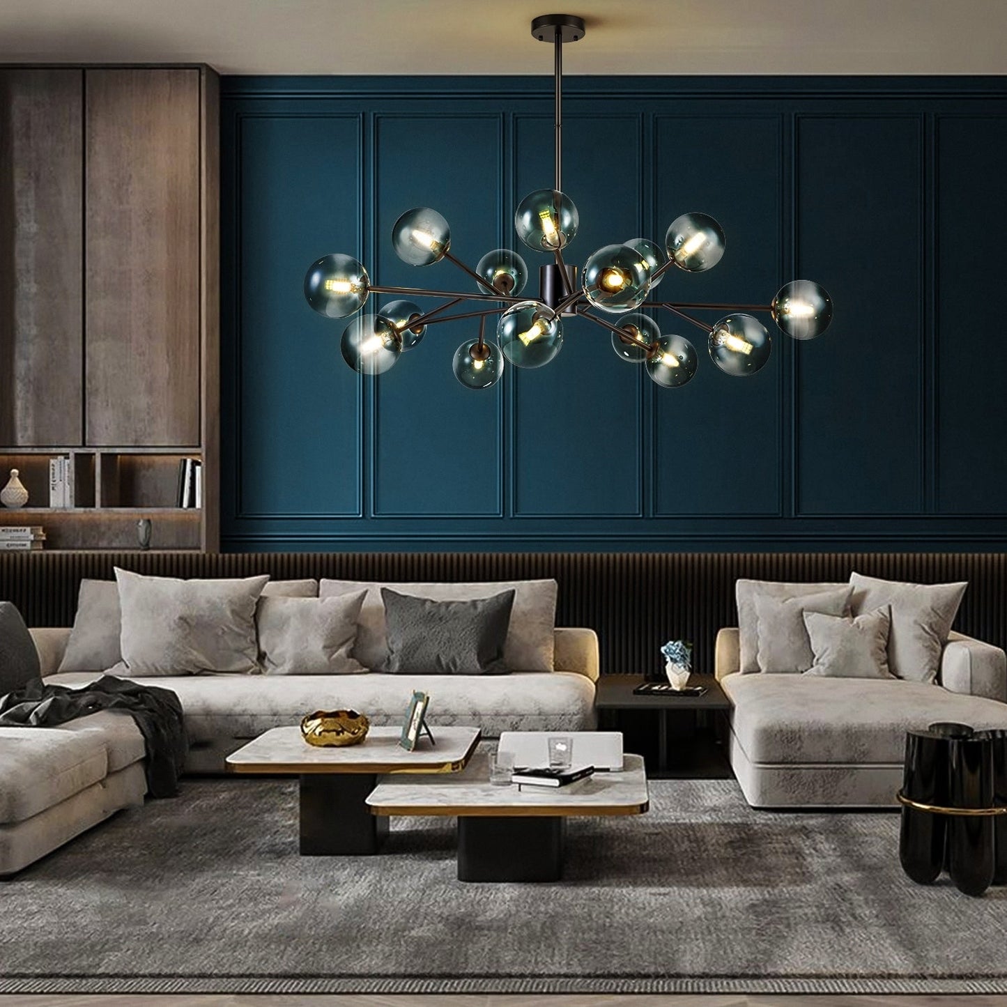Luminaire à 15 lumières, style moderne, en forme de sputnik, pour îlot de cuisine, avec branches et globes de verre en forme de bulles.
