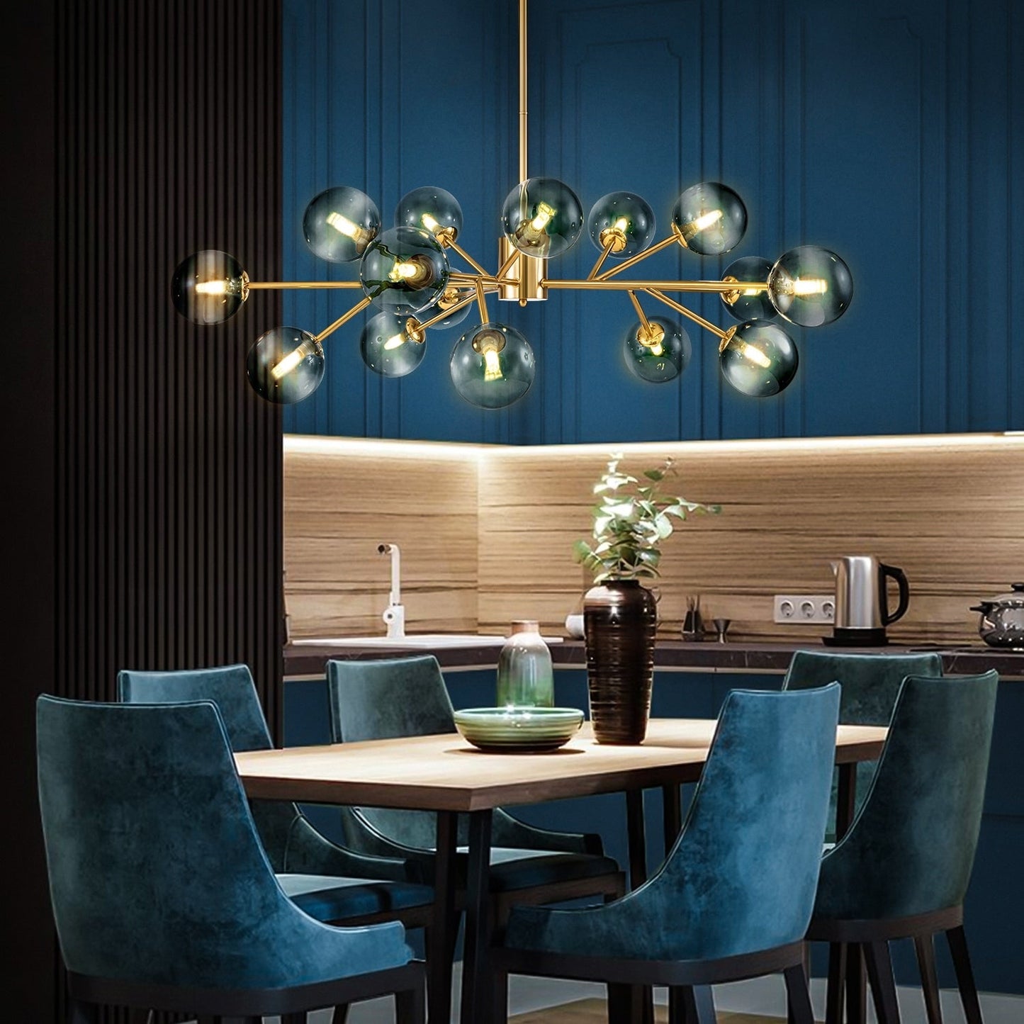 Luminaire à 15 lumières, style moderne, en forme de sputnik, pour îlot de cuisine, avec branches et globes de verre en forme de bulles.