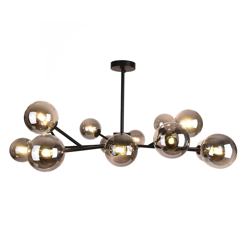 Luminaire à 15 lumières, style moderne, en forme de sputnik, pour îlot de cuisine, avec branches et globes de verre en forme de bulles.