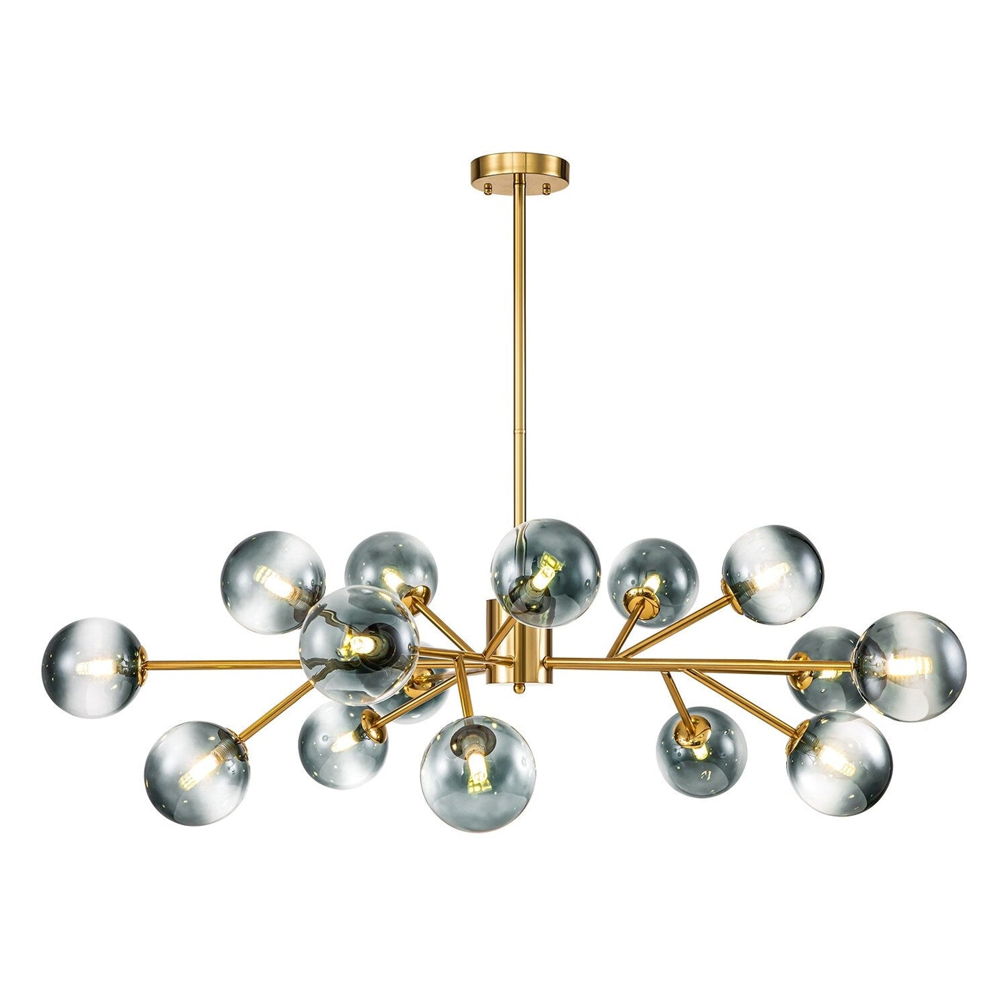 Luminaire à 15 lumières, style moderne, en forme de sputnik, pour îlot de cuisine, avec branches et globes de verre en forme de bulles.