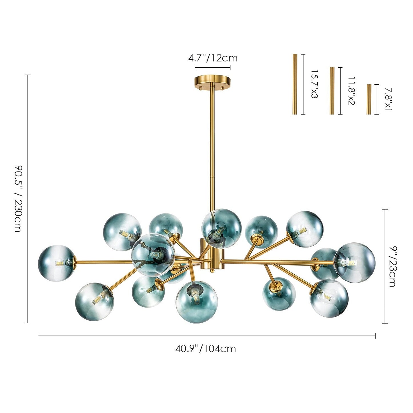 Luminaire à 15 lumières, style moderne, en forme de sputnik, pour îlot de cuisine, avec branches et globes de verre en forme de bulles.