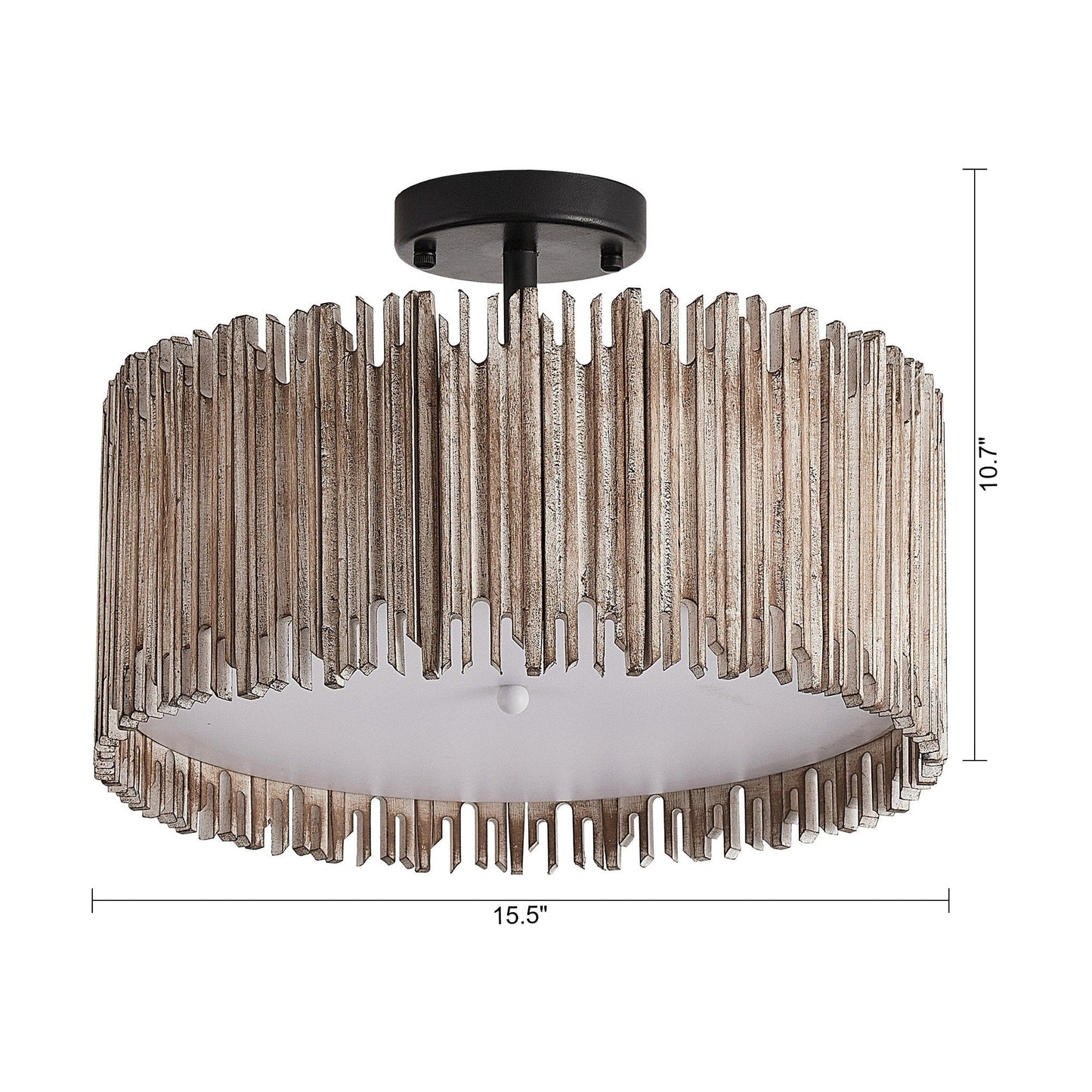 Suspension à 3 lumières en bois blanc vieilli, style tambour, à fixer au plafond.