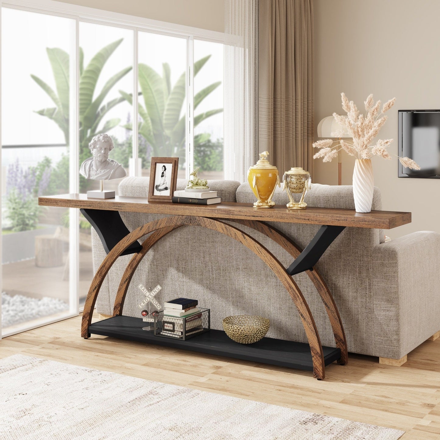 Table console de canapé étroite et longue à 2 niveaux avec cadre semi-circulaire pour entrée, tables d'appoint de couloir grises