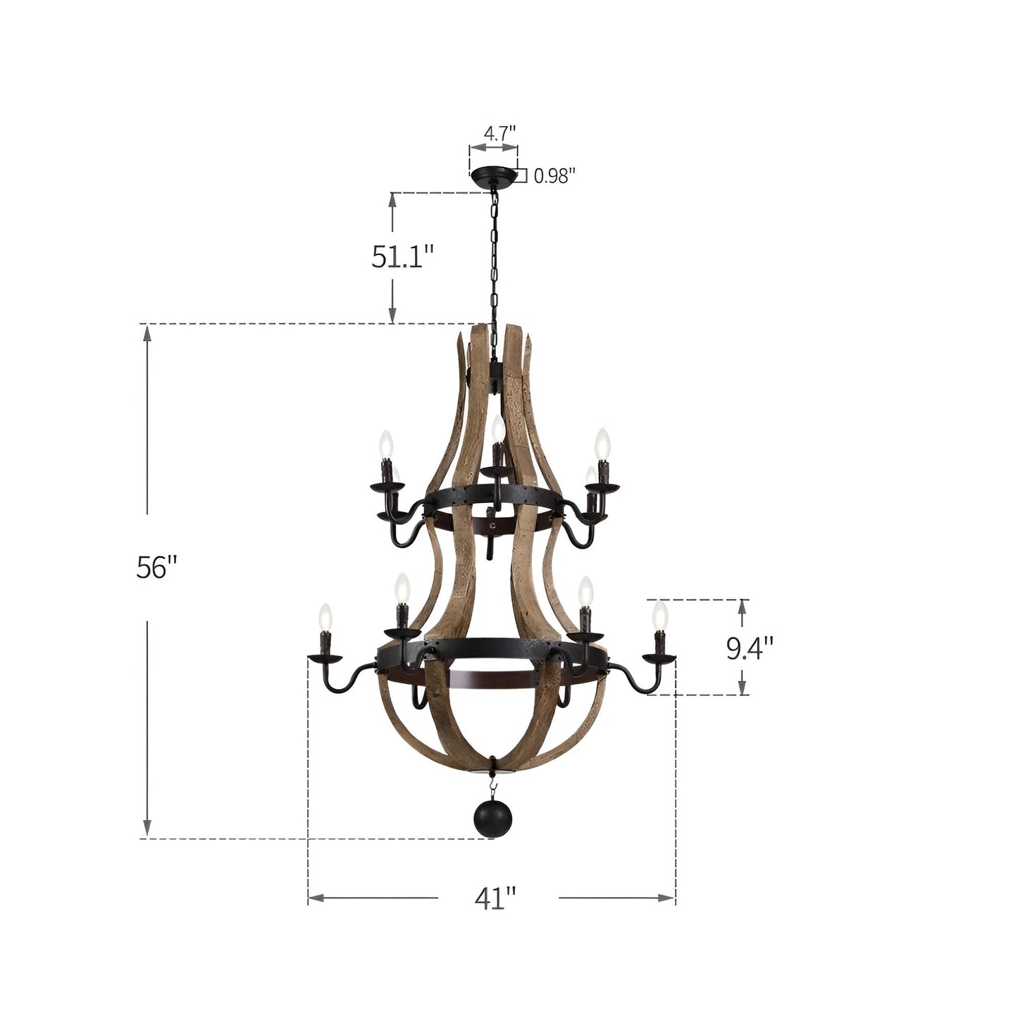 Luminaire à 12 lumières, style campagne française, à deux niveaux, en forme de tonneau à vin
