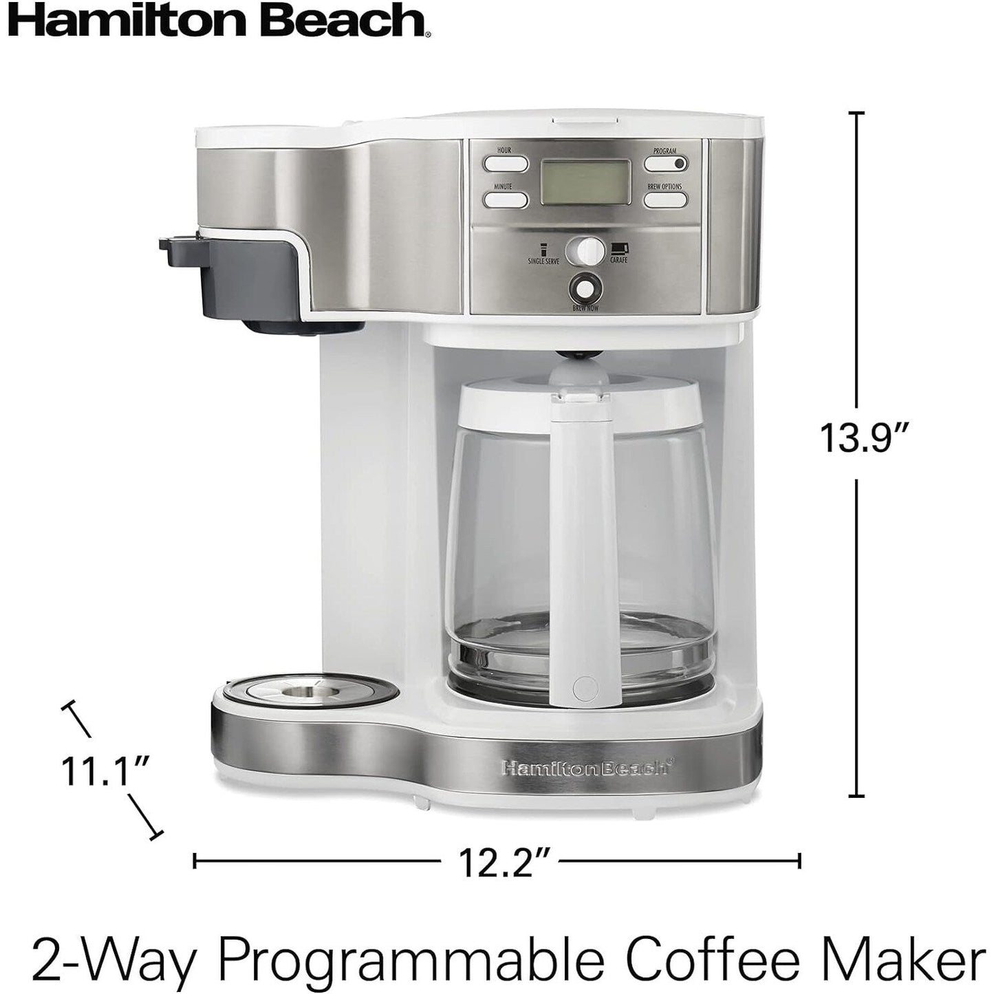 Machine à café 2 en 1, 12 tasses ou portion individuelle, carafe en verre, pause et service automatiques, blanc