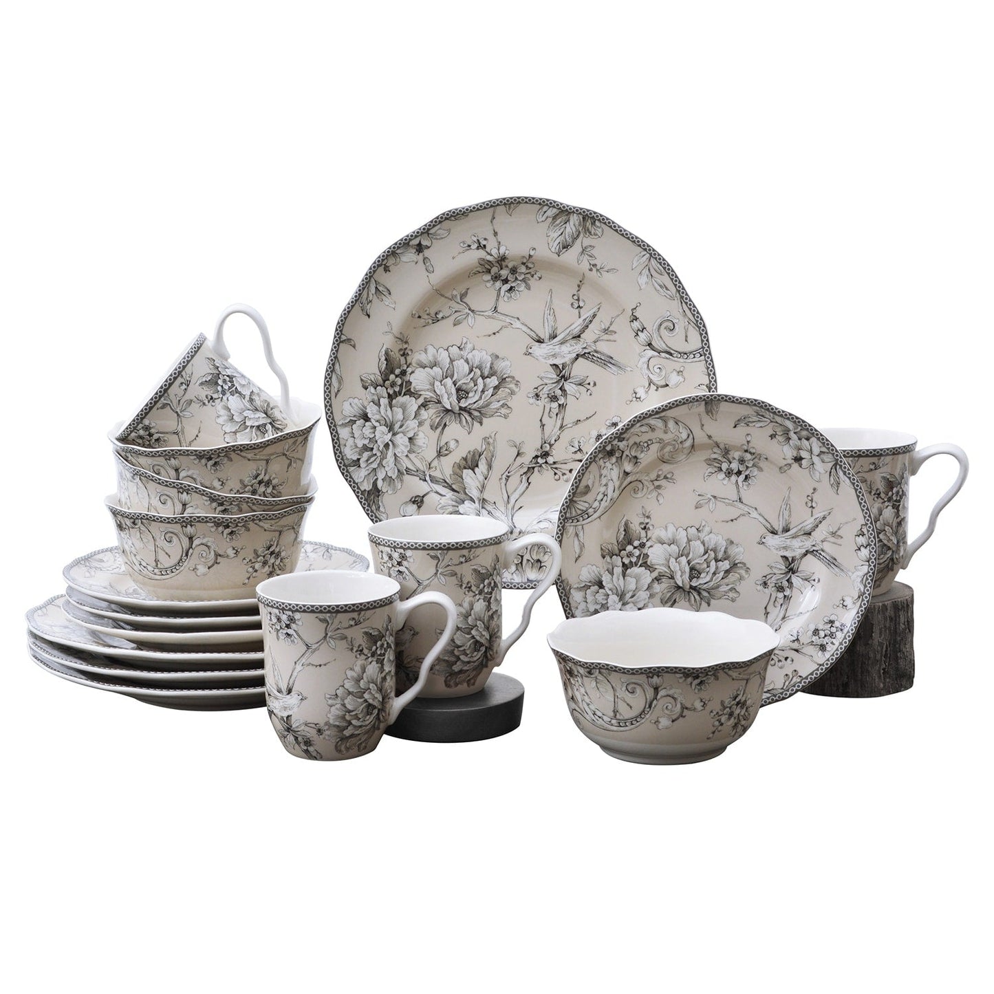 Service de table en porcelaine 222 Fifth Adelaide, 16 pièces, avec assiettes rondes, bols et tasses, blanc antique.