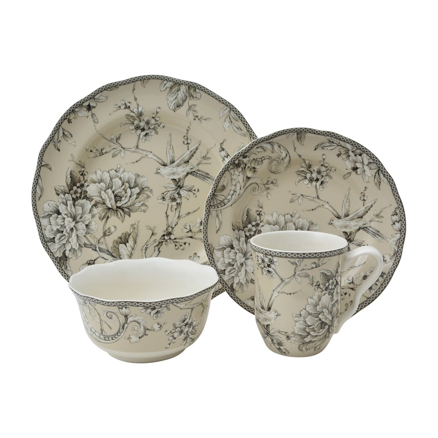 Service de table en porcelaine 222 Fifth Adelaide, 16 pièces, avec assiettes rondes, bols et tasses, blanc antique.