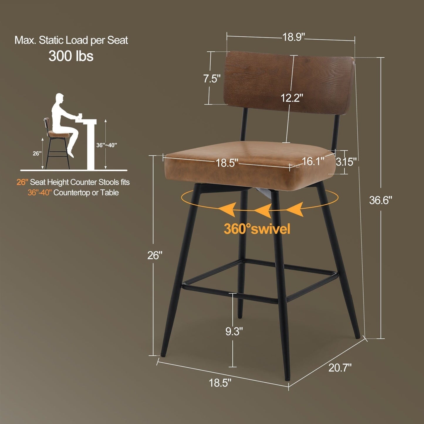 Tabourets de bar/compteur pivotants à revêtement en simili cuir - Lot de 2/3/4