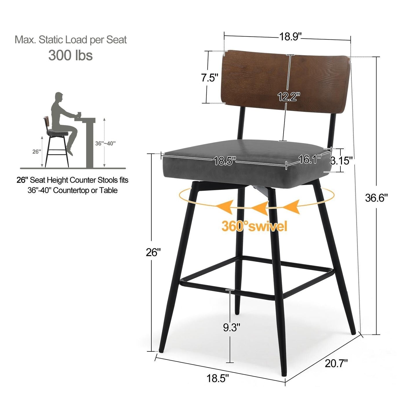 Tabourets de bar/compteur pivotants à revêtement en simili cuir - Lot de 2/3/4