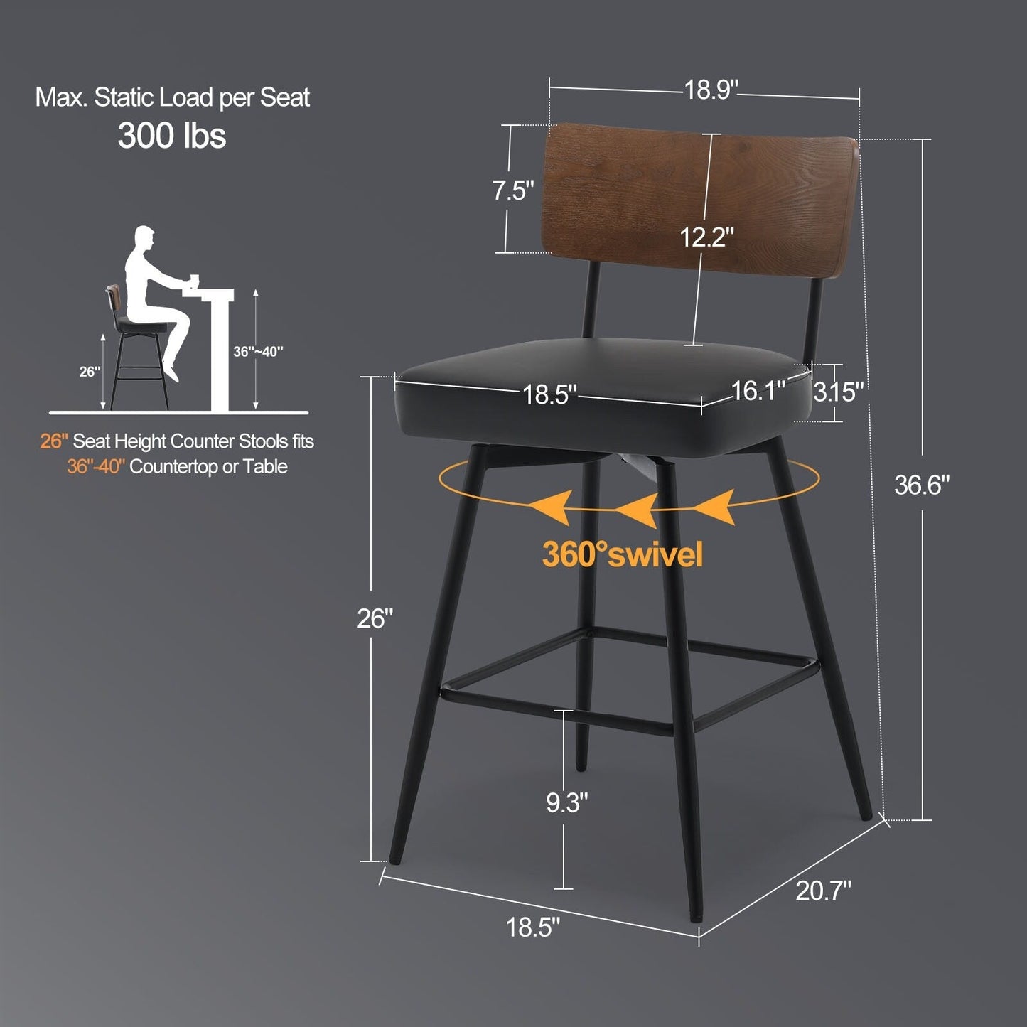 Tabourets de bar/compteur pivotants à revêtement en simili cuir - Lot de 2/3/4