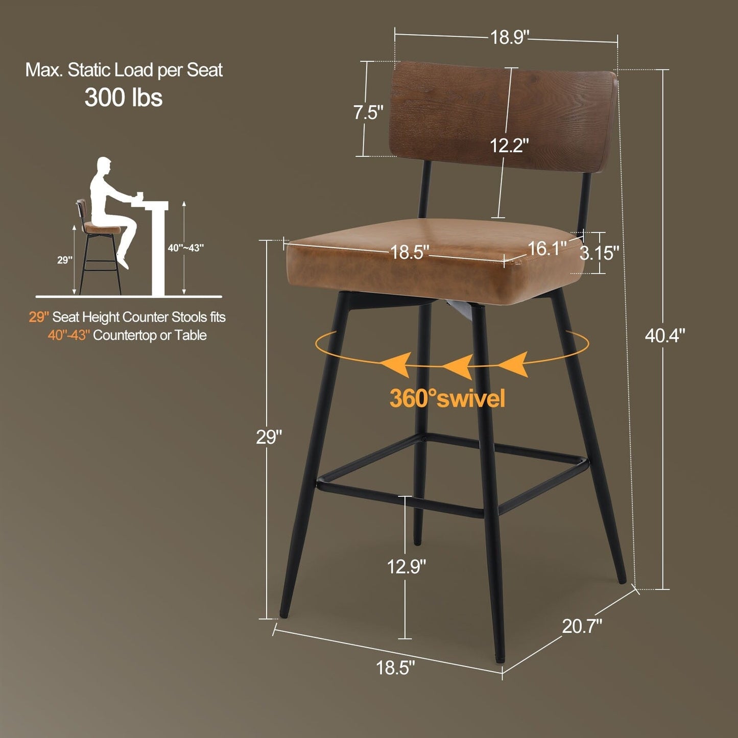 Tabourets de bar/compteur pivotants à revêtement en simili cuir - Lot de 2/3/4