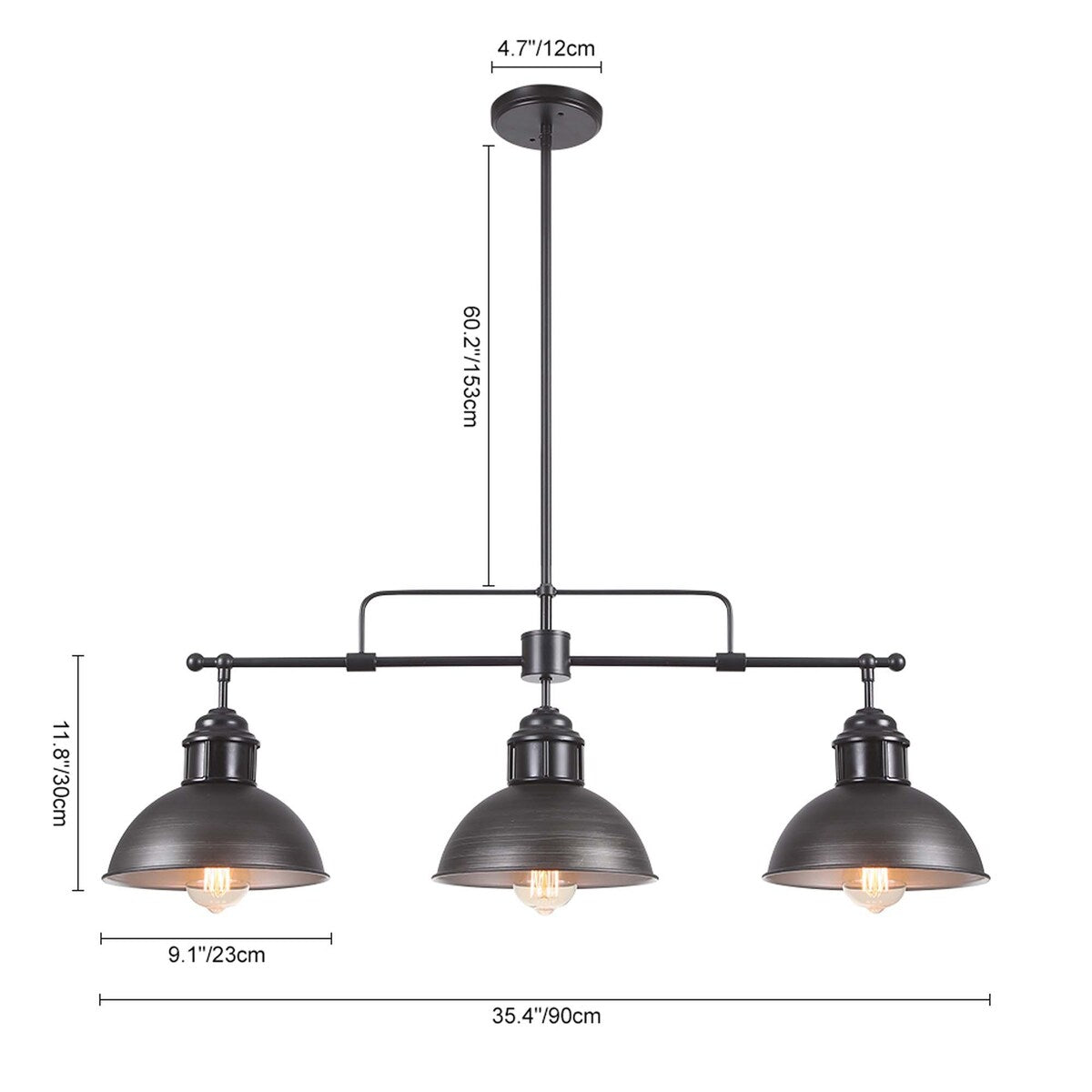 Suspension à 3 lumières style industriel et champêtre, forme de dôme, en métal, pour îlot de cuisine, finition bronze huilé.