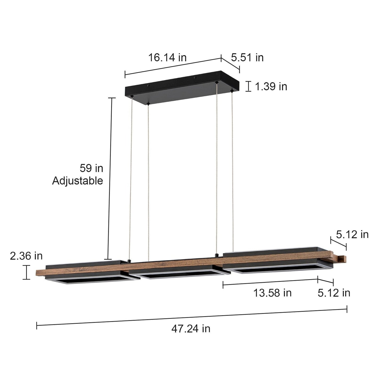 Suspension à LED intégrée en bois, linéaire, à 3 ou 5 lumières, pour îlot de cuisine.