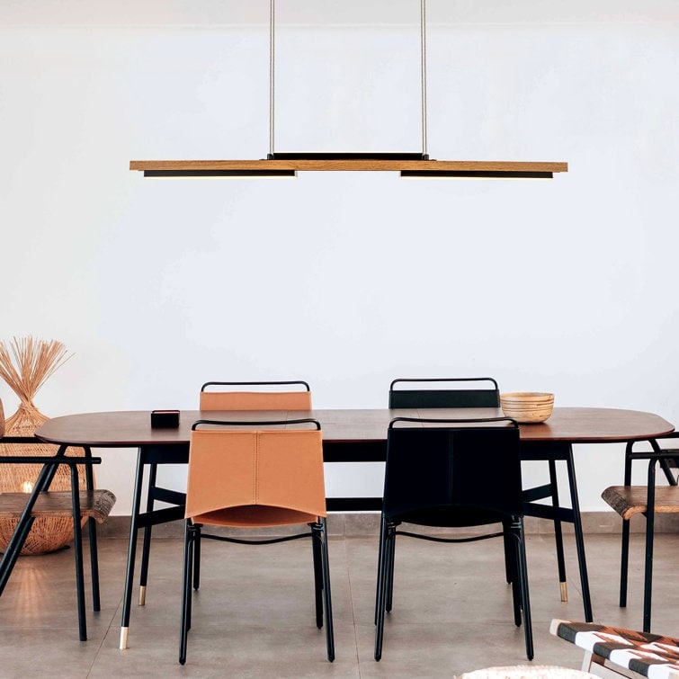 Suspension à LED intégrée en bois, linéaire, à 3 ou 5 lumières, pour îlot de cuisine.