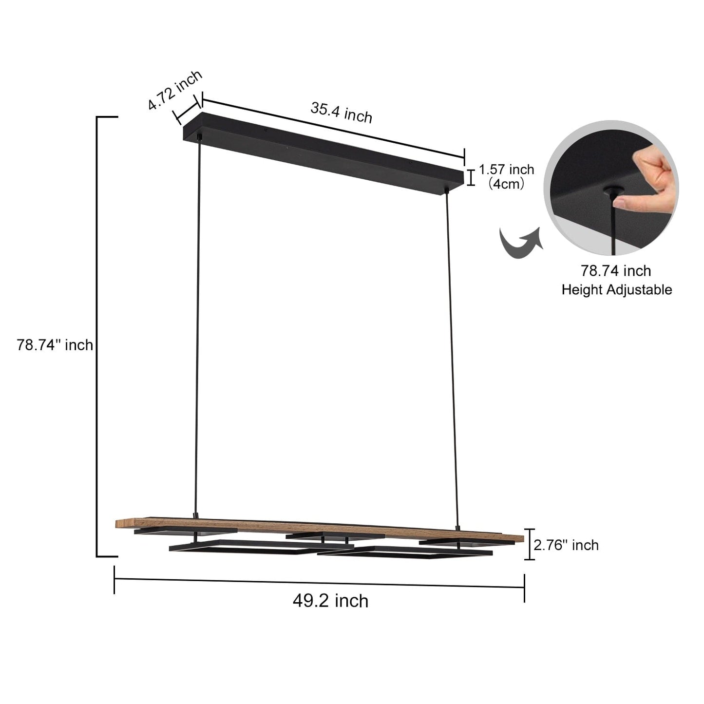 Suspension à LED intégrée en bois, linéaire, à 3 ou 5 lumières, pour îlot de cuisine.