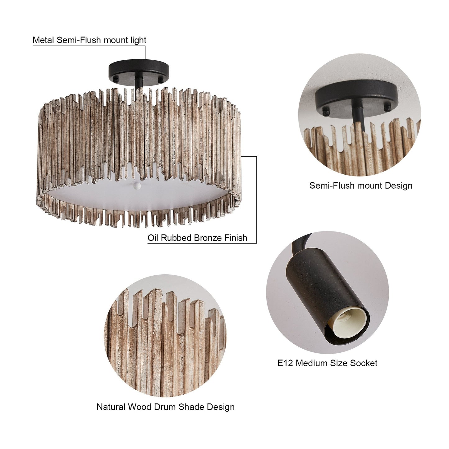 Suspension à 3 lumières en bois blanc vieilli, style tambour, à fixer au plafond.