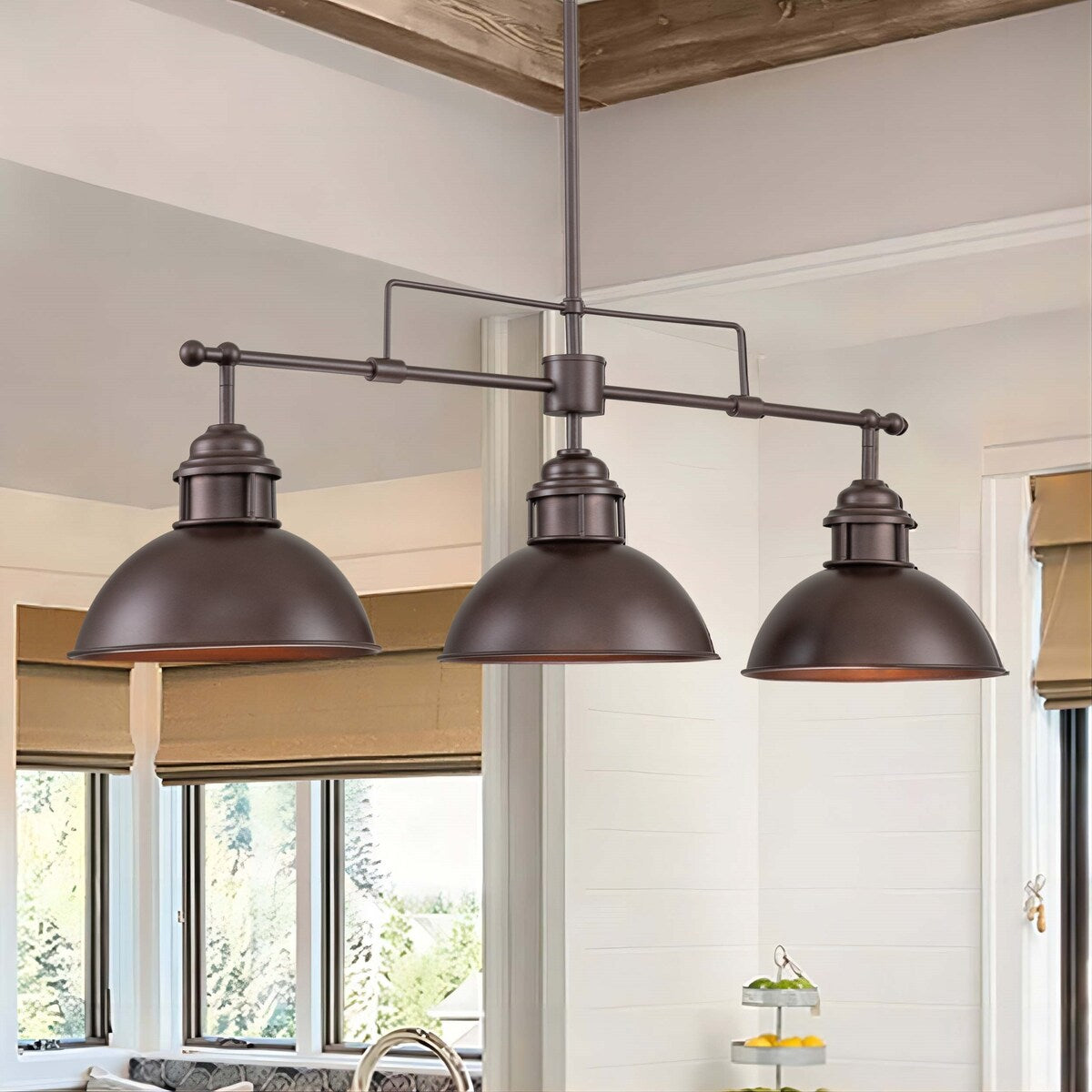Suspension à 3 lumières style industriel et champêtre, forme de dôme, en métal, pour îlot de cuisine, finition bronze huilé.
