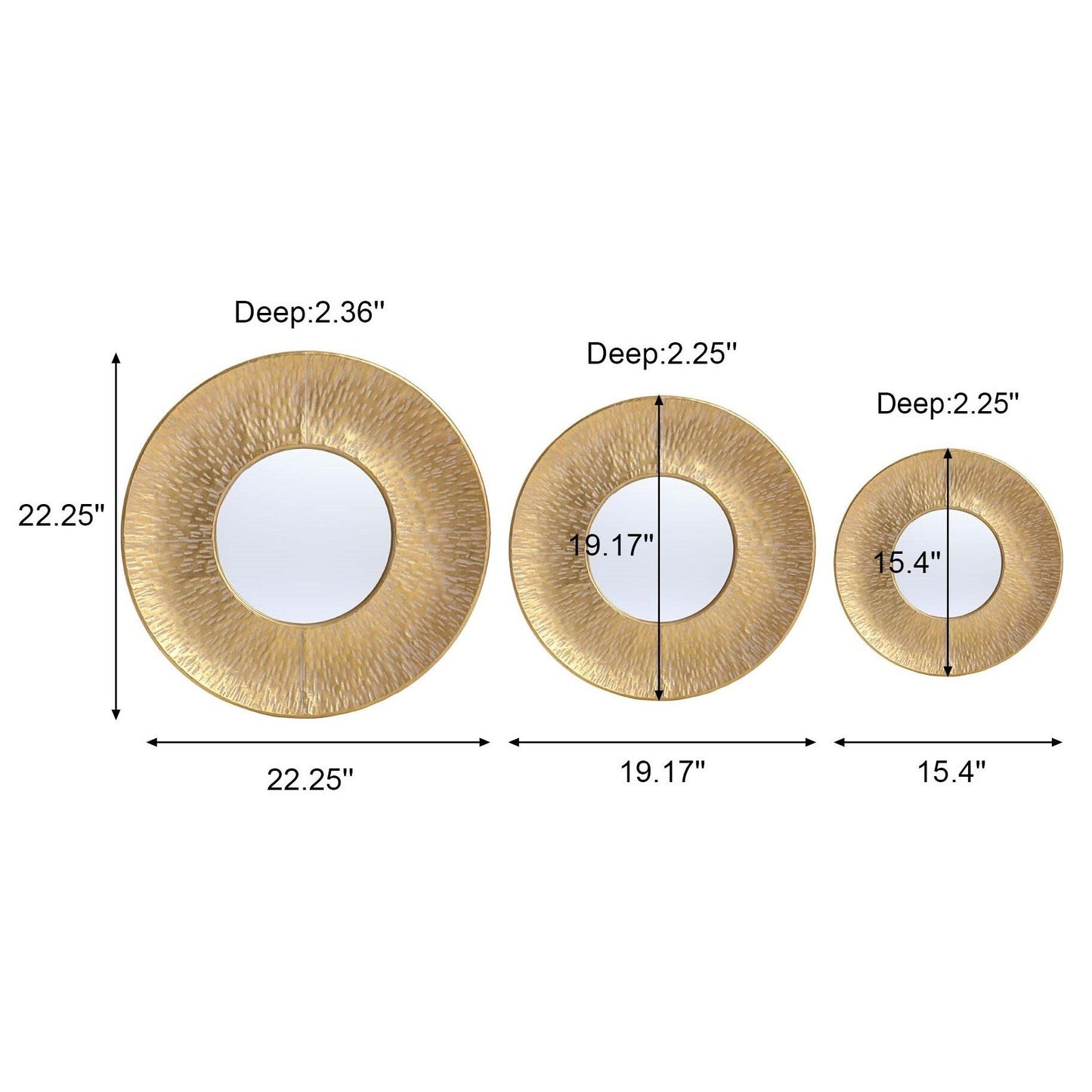 Ensemble de 3 miroirs muraux ronds en métal doré - 56,5 cm de diamètre x 6 cm de profondeur