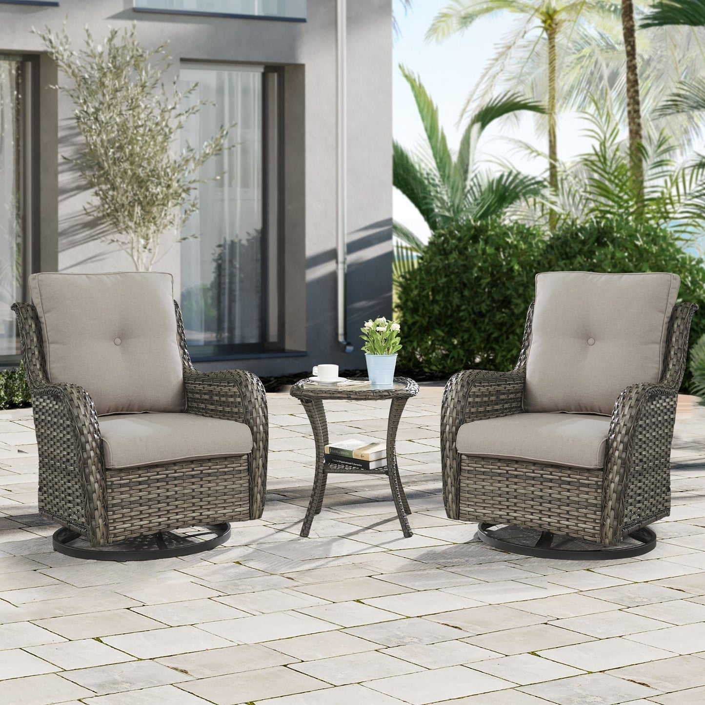 Gymojoy Ensemble de 3 pièces en rotin pour extérieur, chaise basculante pivotante avec coussin et table.