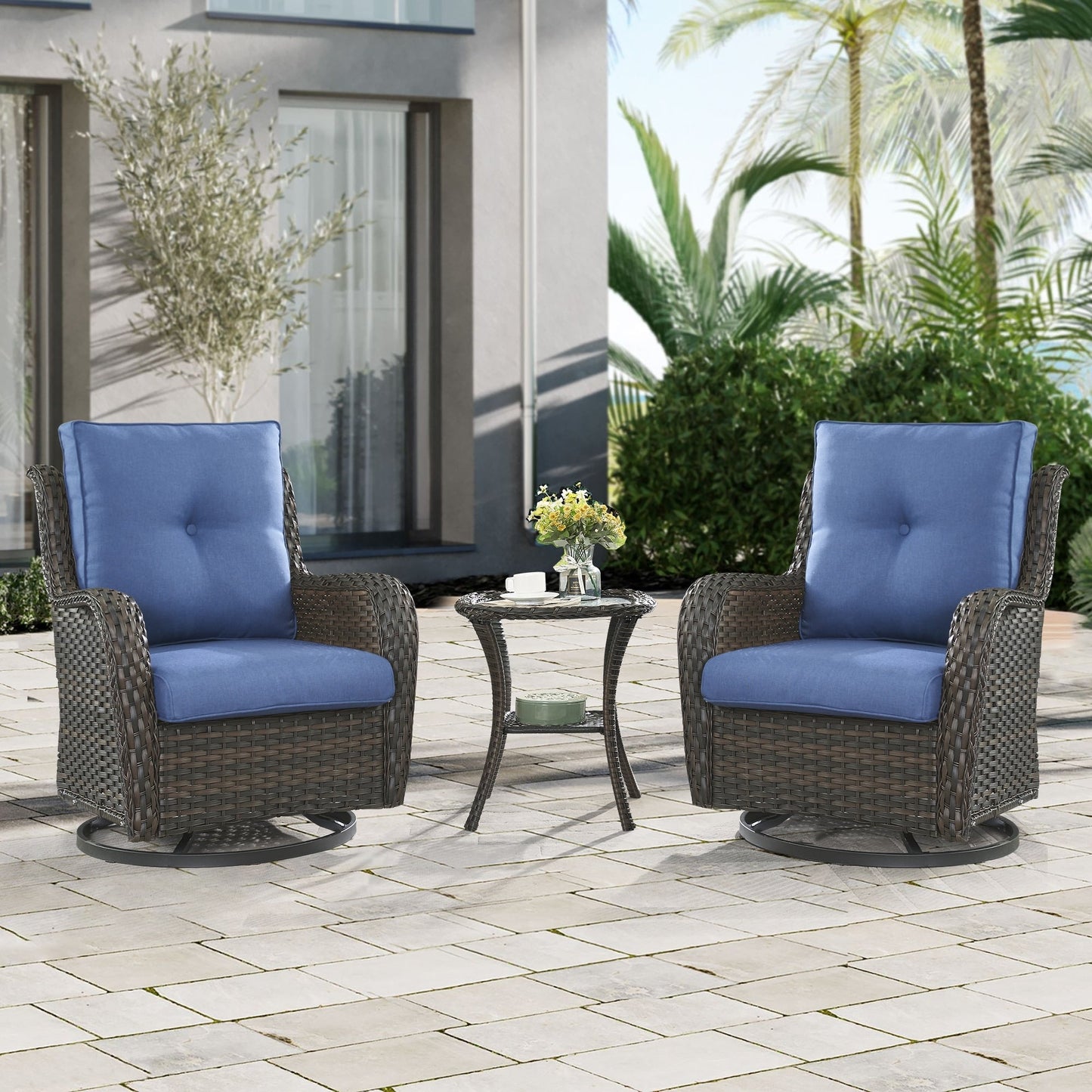Gymojoy Ensemble de 3 pièces en rotin pour extérieur, chaise basculante pivotante avec coussin et table.